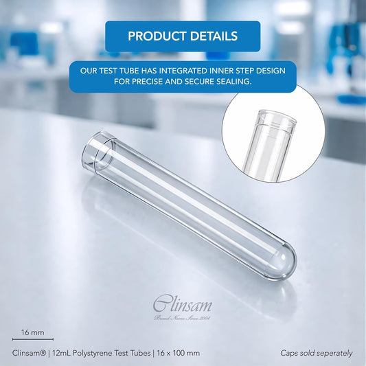 14mL Polystyrene Test Tubes - 16 x 100 mm Clear Plastic Rimless Culture Tubes, Round Bottom Design for Sample Storage, Lab and Science, Plug Seal, Bulk Pack of 1000 (Non - Sterile, No Caps) | Clinsam - Medical & Laboratory Equipment - Clinsam