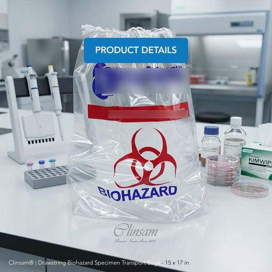 Drawstring Biohazard Specimen Transport Bags - 15 x 17 in (38 x 43 cm) - Clinsam