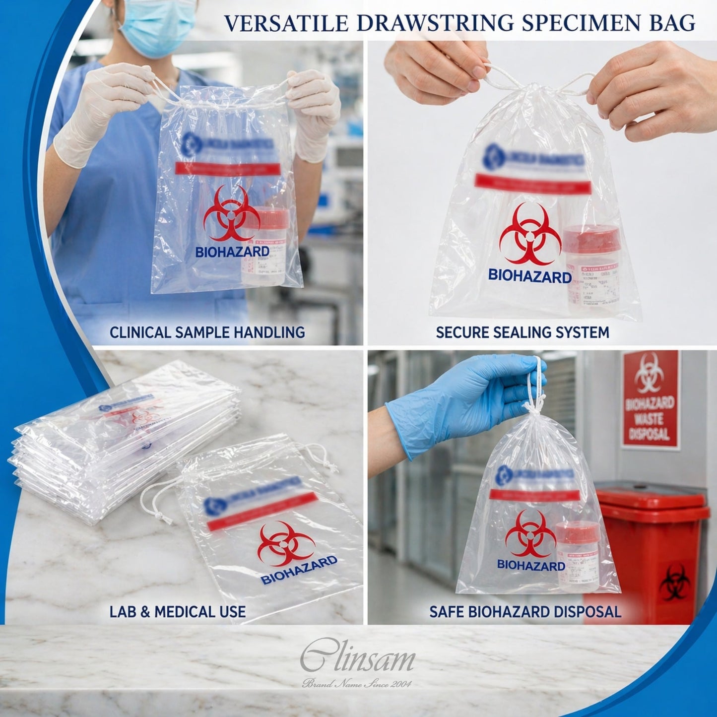 Drawstring Biohazard Specimen Transport Bags - 15 x 17 in (38 x 43 cm) - Clinsam