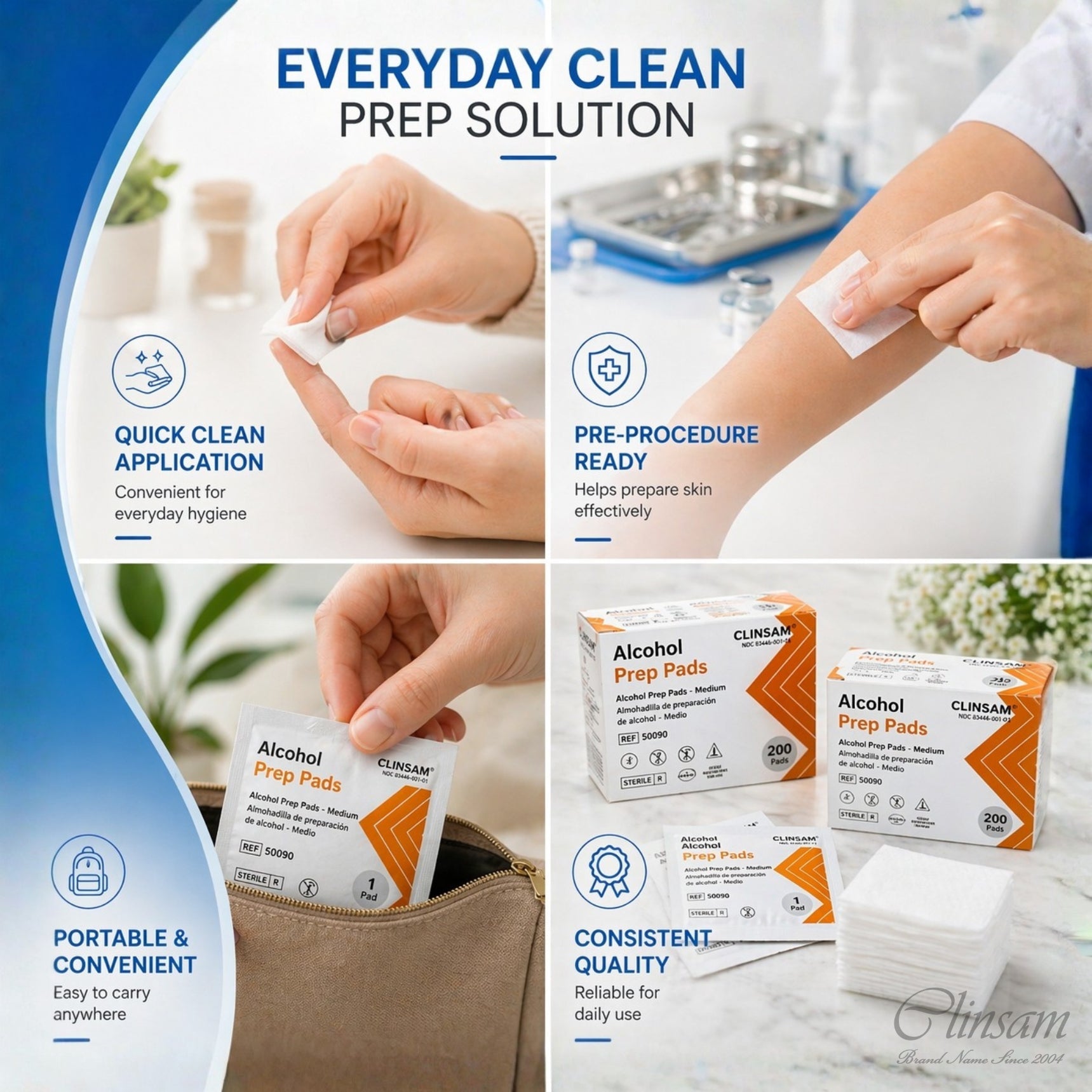 Alcohol Prep Pads 70% Isopropyl (5 Box of 200 Pad) - Clinsam