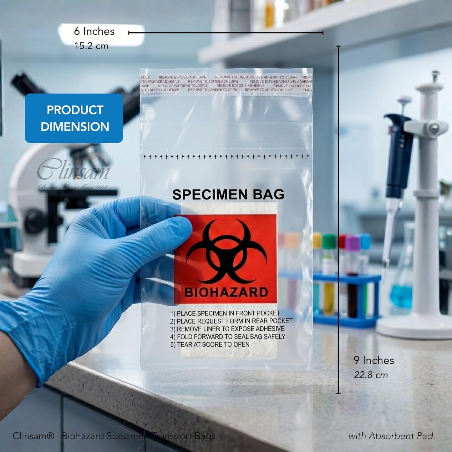 Biohazard Specimen Transport Bags with Absorbent Pad - 6 x 9 Inch (5 x 25cm) Leak - resistant Adhesive Tape Over Seal, Durable Clear Liquid Handling Transfer Bags 1000 Count (10 Packs of 100) - Clinsam