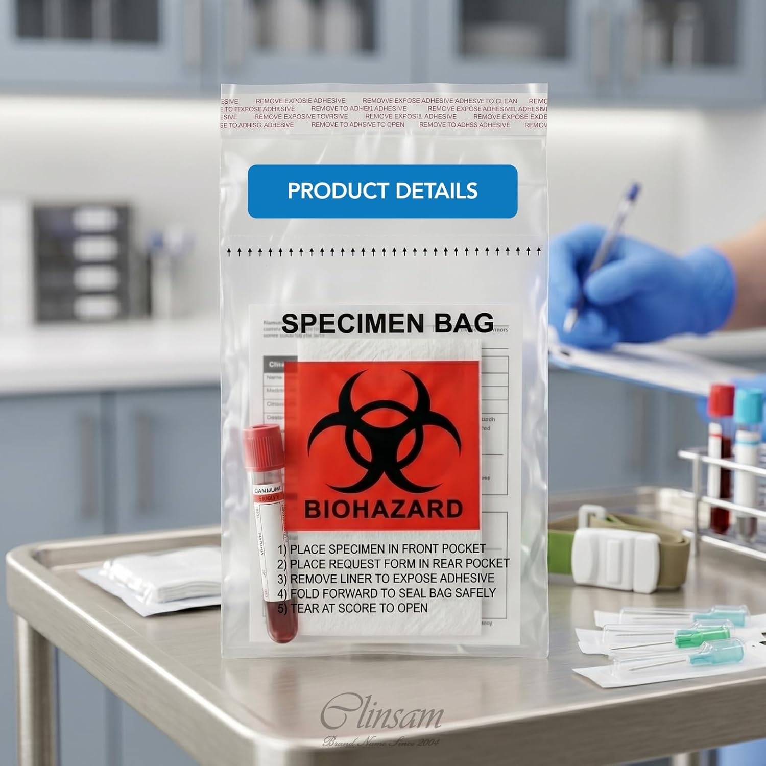 Biohazard Specimen Transport Bags with Absorbent Pad - 6 x 9 Inch (5 x 25cm) Leak - resistant Adhesive Tape Over Seal, Durable Clear Liquid Handling Transfer Bags 1000 Count (10 Packs of 100) - Clinsam