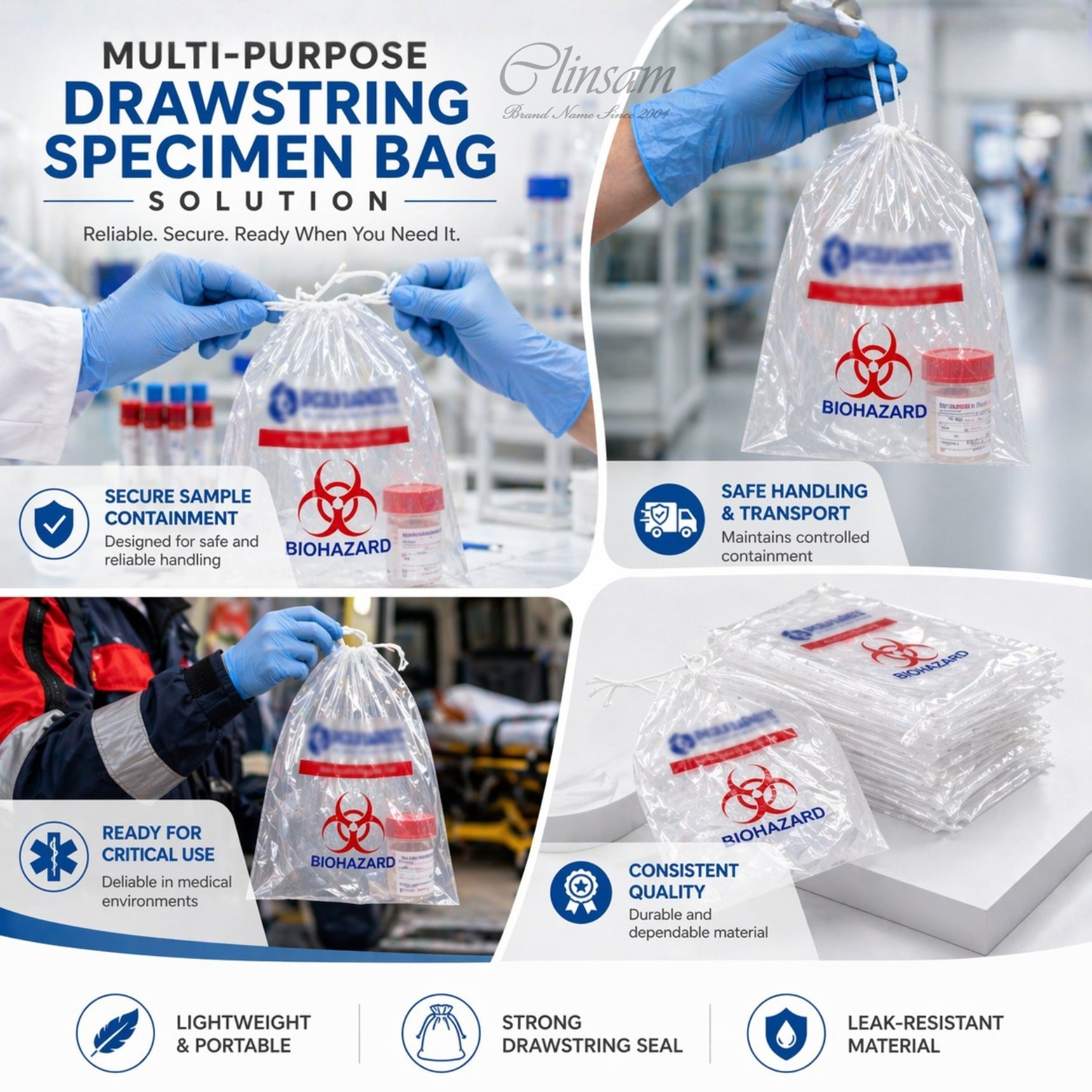 Drawstring Biohazard Specimen Transport Bags - 15 x 17 in (38 x 43 cm) - Clinsam