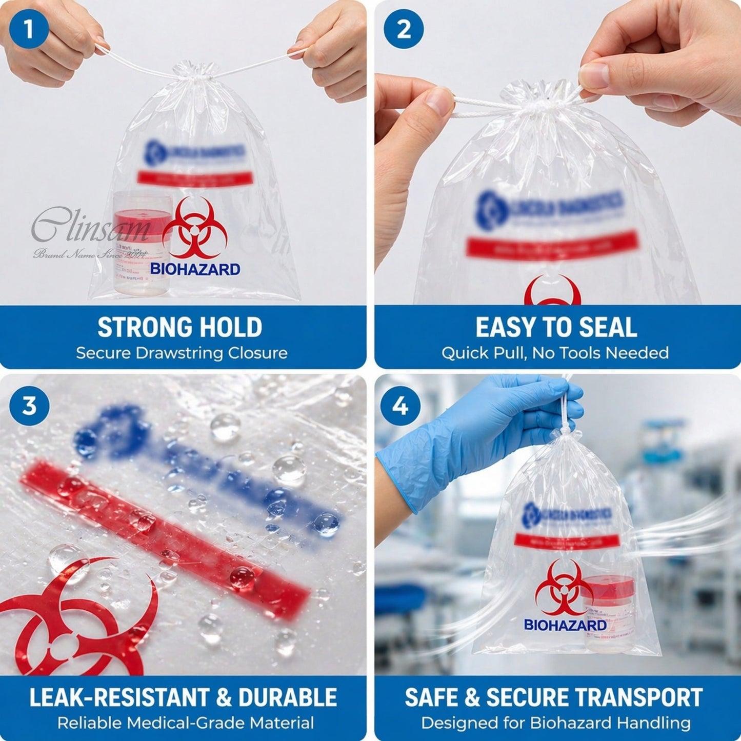 Drawstring Biohazard Specimen Transport Bags - 15 x 17 in (38 x 43 cm) - Clinsam