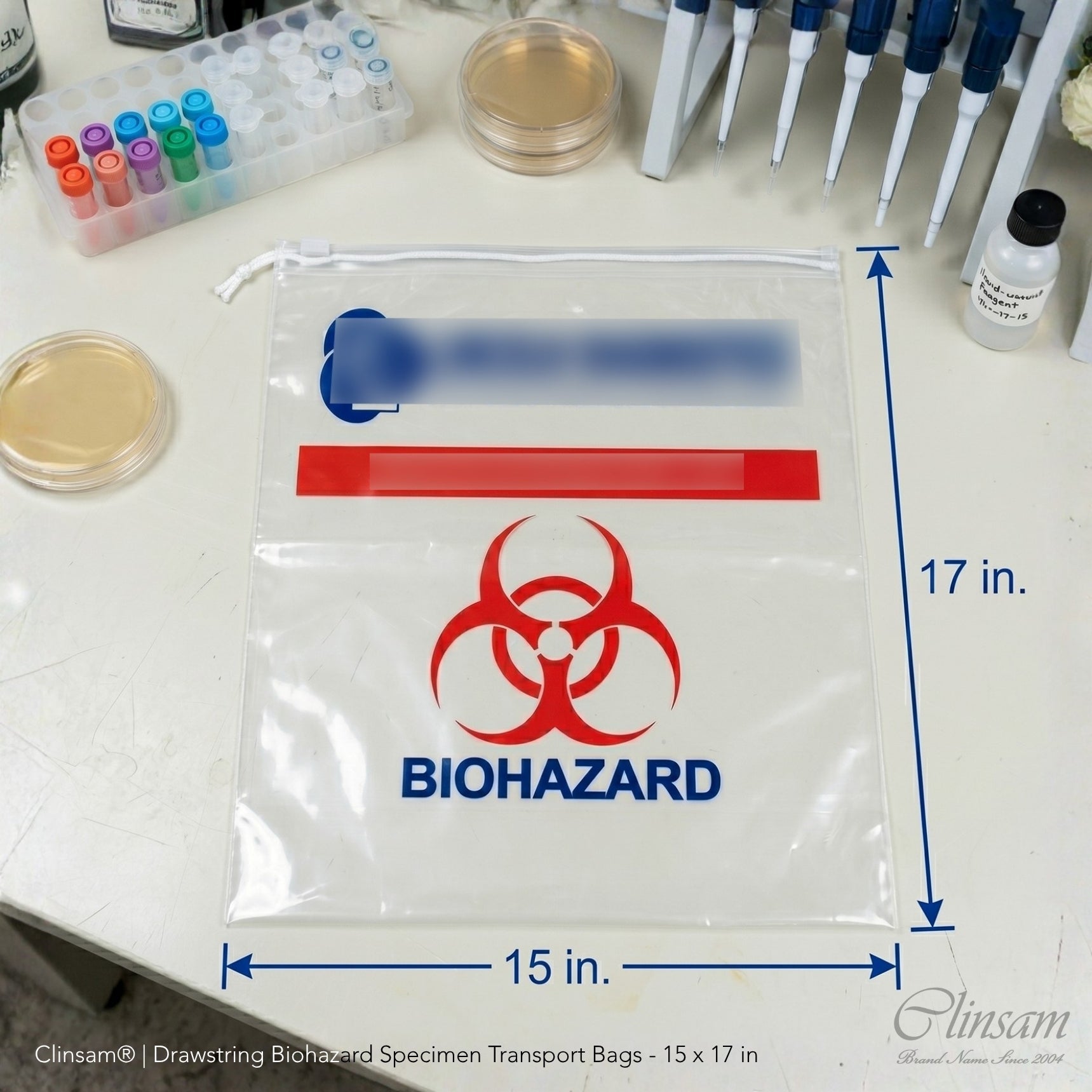 Drawstring Biohazard Specimen Transport Bags - 15 x 17 in (38 x 43 cm) - Clinsam