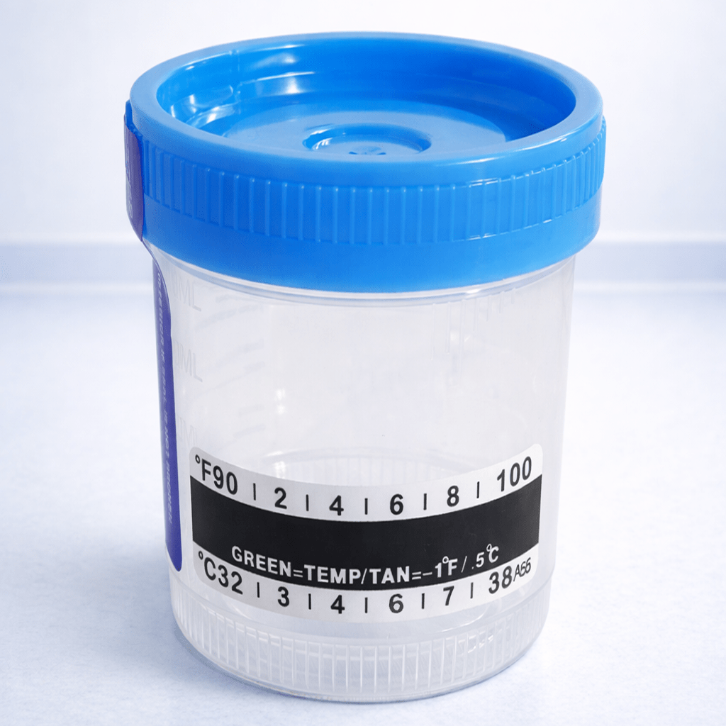 Urine Specimen Cup with Attached Label, Urine Cup for Specimen Collection, 90ml Capacity and 53mm Diameter (1 Carton (4 Pcaks - 400 Pcs)) | Clinsam - Medical & Laboratory Equipment - Clinsam