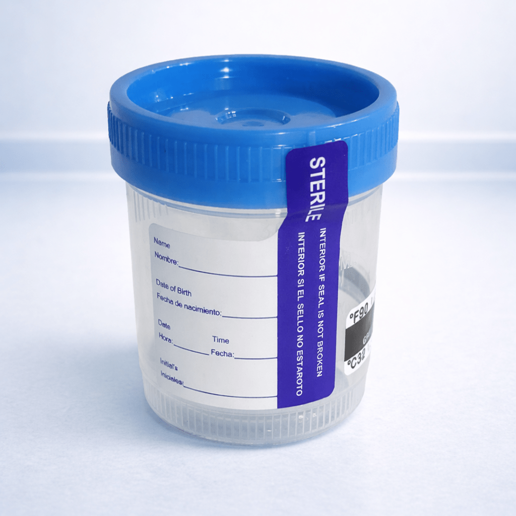 Urine Specimen Cup with Attached Label, Urine Cup for Specimen Collection, 90ml Capacity and 53mm Diameter (1 Carton (4 Pcaks - 400 Pcs)) | Clinsam - Medical & Laboratory Equipment - Clinsam
